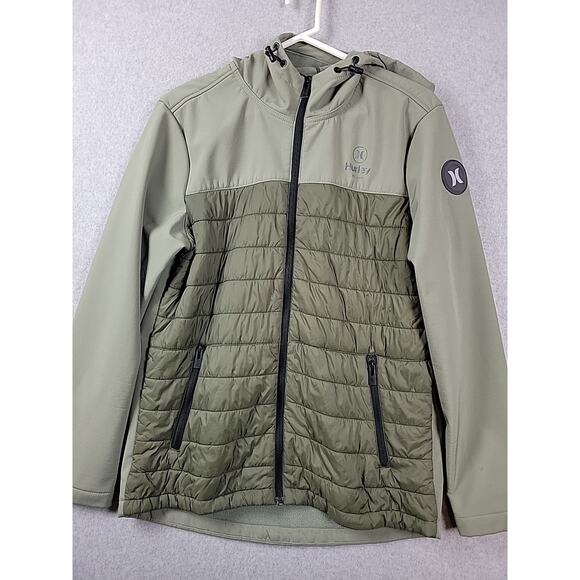 Hurley Army Green LS Windproof 3 Layer Tech Full Zip Hooded Jacket Men's Medium - Picture 2 of 12